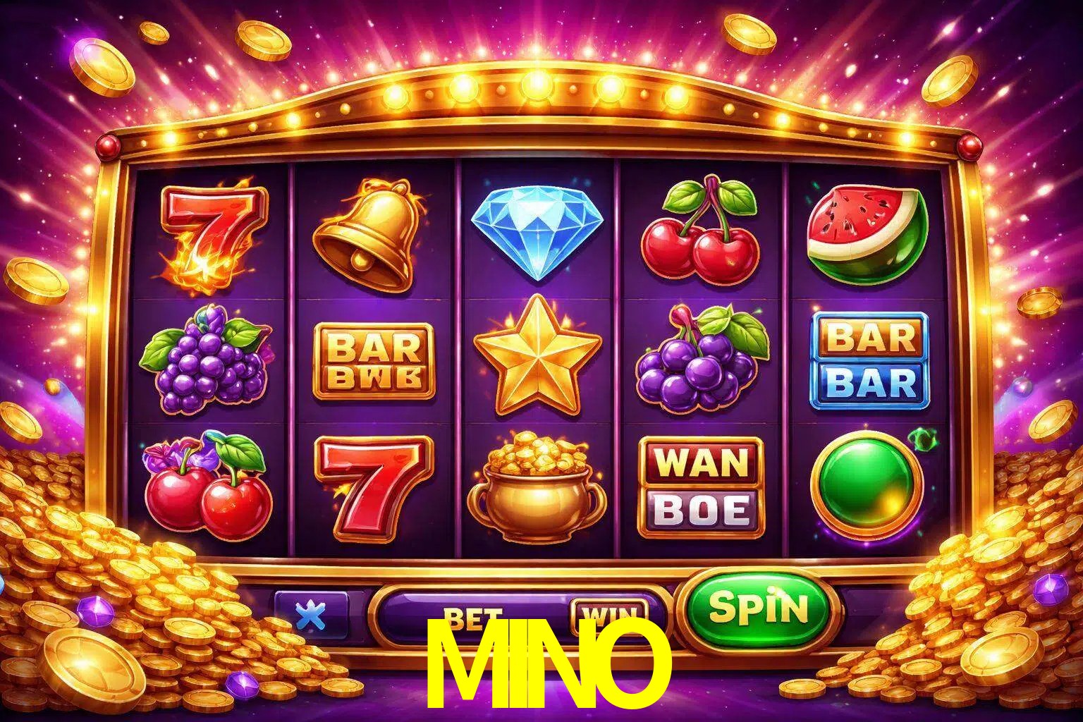 Una interfaz colorida de tragamonedas en línea con símbolos brillantes, monedas y un efecto de victoria celebratoria en MINO.